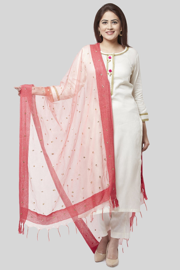 anokherang Combos Off-White Gotta Straight Kurti with Straight Pants and Coral Sequence Dupatta