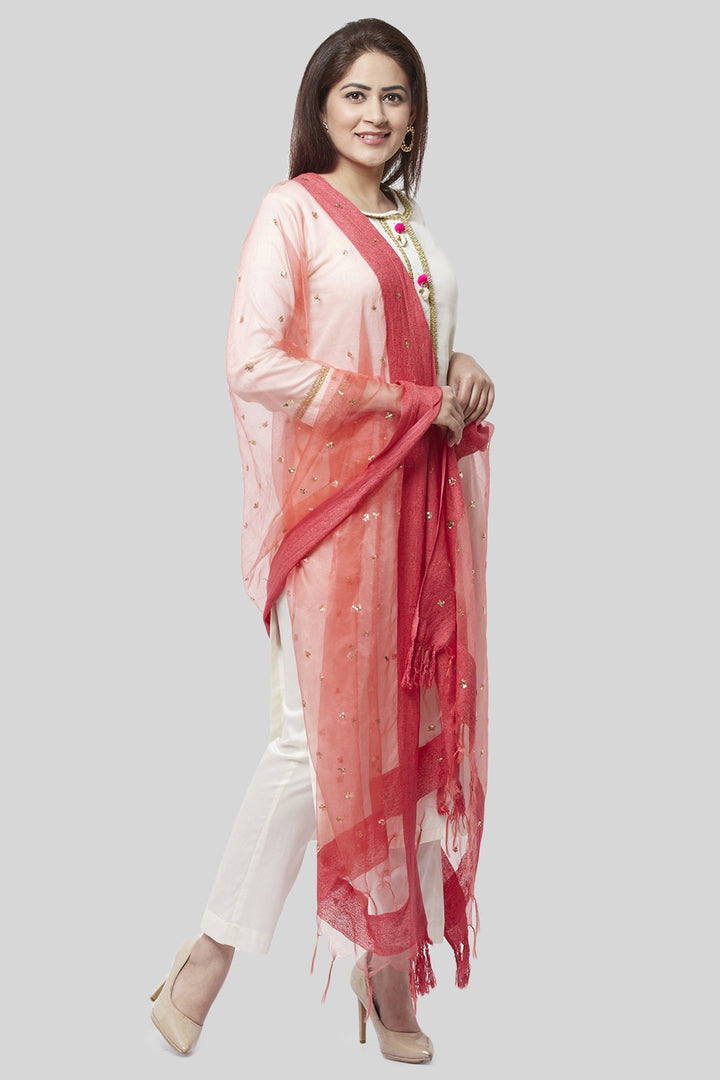 anokherang Combos Off-White Gotta Straight Kurti with Straight Pants and Coral Sequence Dupatta