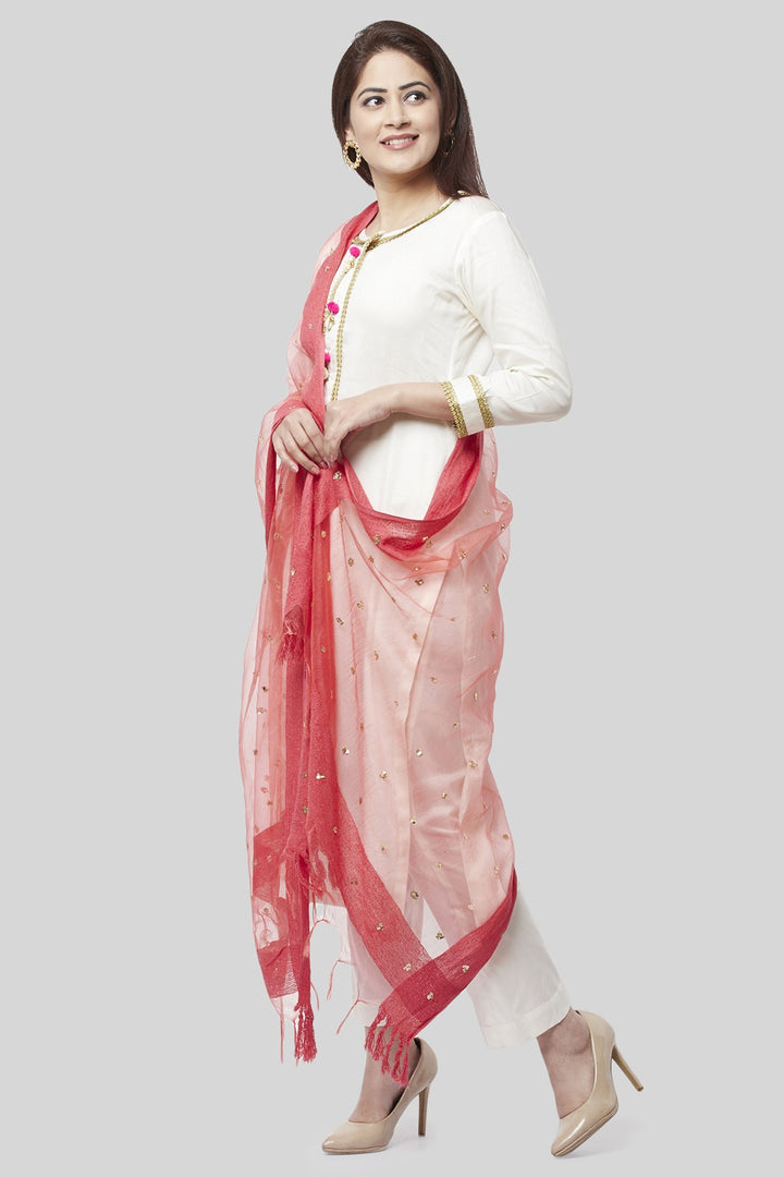 anokherang Combos Off-White Gotta Straight Kurti with Straight Pants and Coral Sequence Dupatta