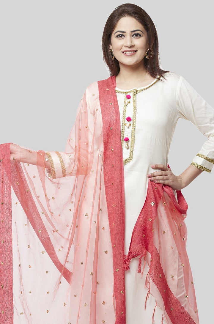 anokherang Combos Off-White Gotta Straight Kurti with Straight Pants and Coral Sequence Dupatta