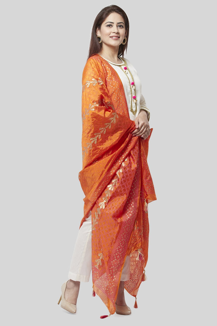 anokherang Combos Off-White Gotta Straight Kurti with Straight Pants and Pink Orange Foil Printed Dupatta