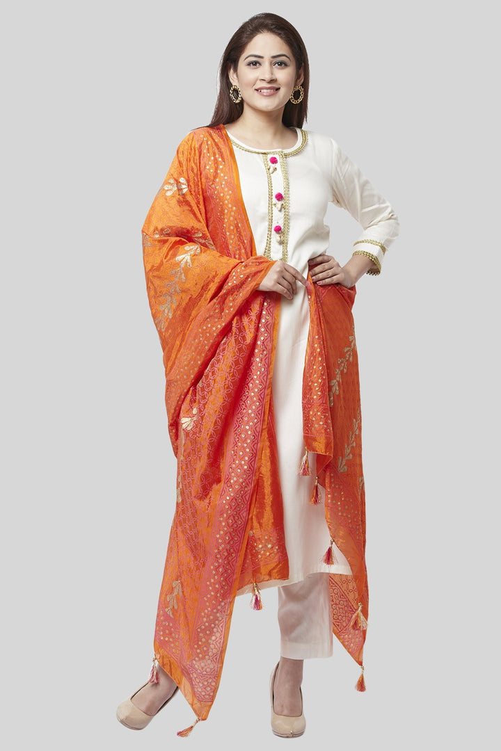 anokherang Combos Off-White Gotta Straight Kurti with Straight Pants and Pink Orange Foil Printed Dupatta