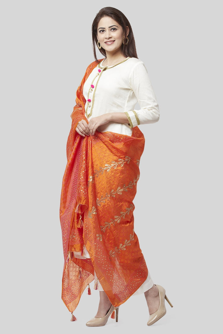anokherang Combos Off-White Gotta Straight Kurti with Straight Pants and Pink Orange Foil Printed Dupatta