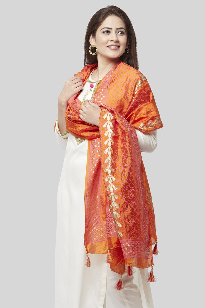 anokherang Combos Off-White Gotta Straight Kurti with Straight Pants and Pink Orange Foil Printed Dupatta