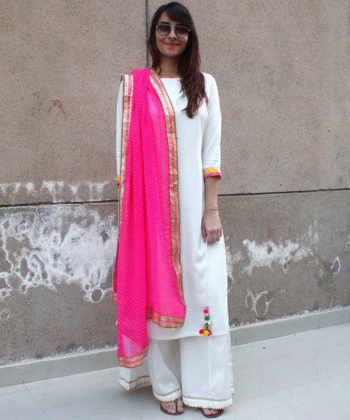 anokherang Combos Off White Kurti with Kalidaar Palazzos and Hot Pink Mothra Dupatta