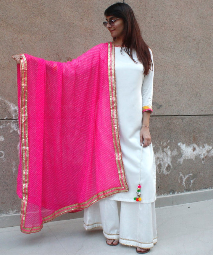 anokherang Combos Off White Kurti with Kalidaar Palazzos and Hot Pink Mothra Dupatta