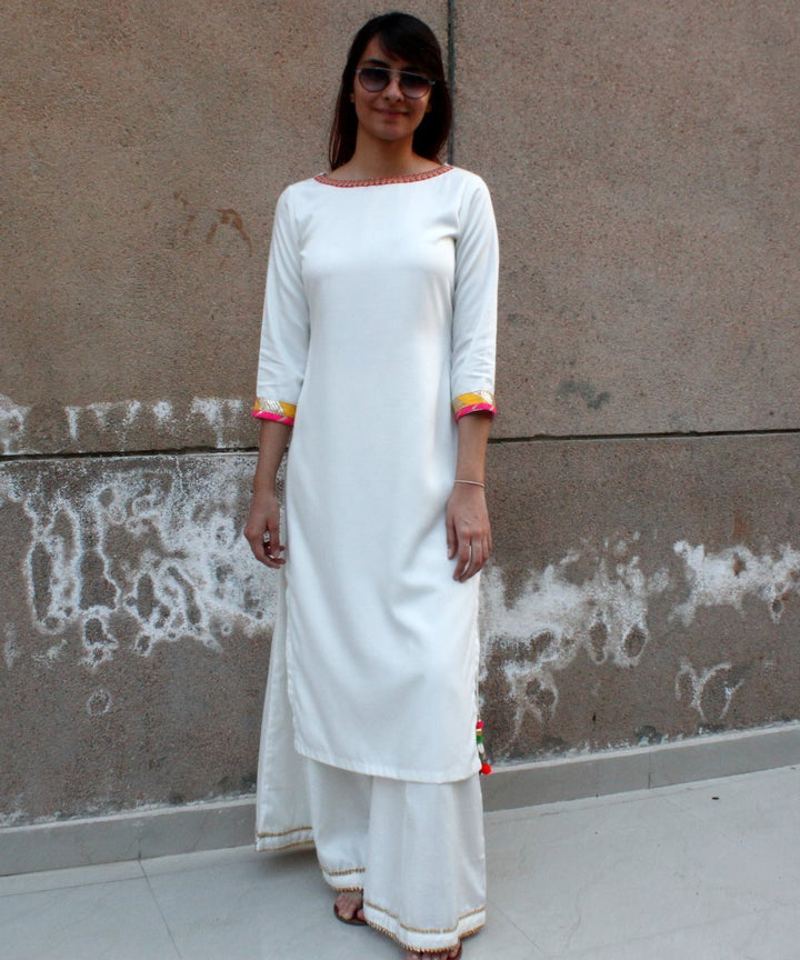 anokherang Combos Off White Kurti with Kalidaar Palazzos and Hot Pink Mothra Dupatta