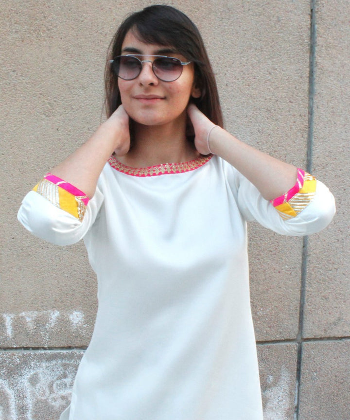 anokherang Combos Off White Kurti with Kalidaar Palazzos and Hot Pink Mothra Dupatta