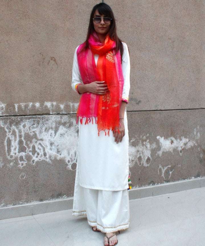 anokherang Combos Off White Kurti with Kalidaar Palazzos and Pink Orange Festive Dupatta