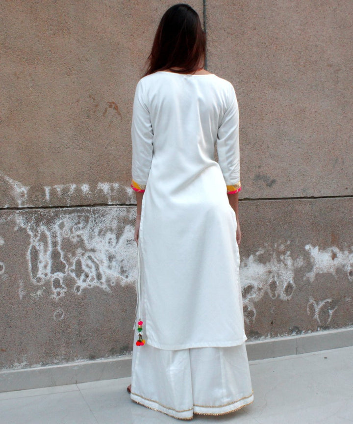 anokherang Combos Off White Kurti with Kalidaar Palazzos and Pink Orange Festive Dupatta