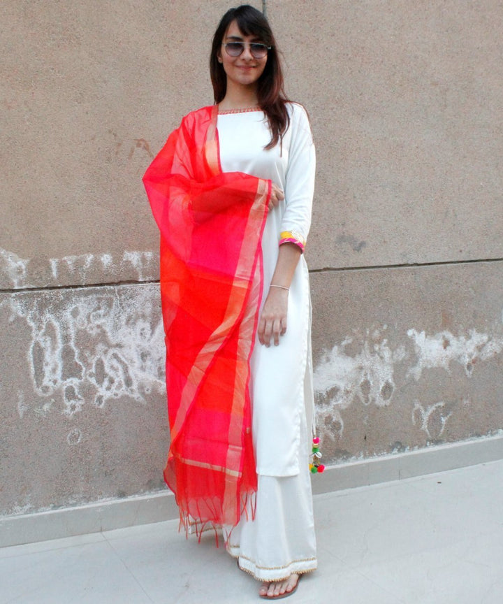 anokherang Combos Off White Kurti with Kalidaar Palazzos and Pink Orange Red Checker Dupatta