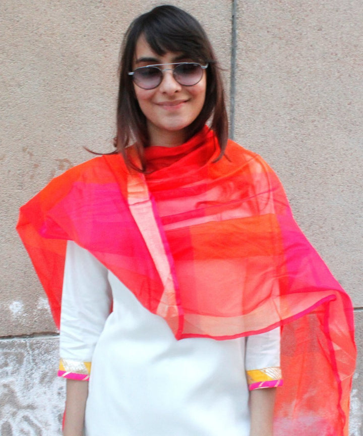 anokherang Combos Off White Kurti with Kalidaar Palazzos and Pink Orange Red Checker Dupatta