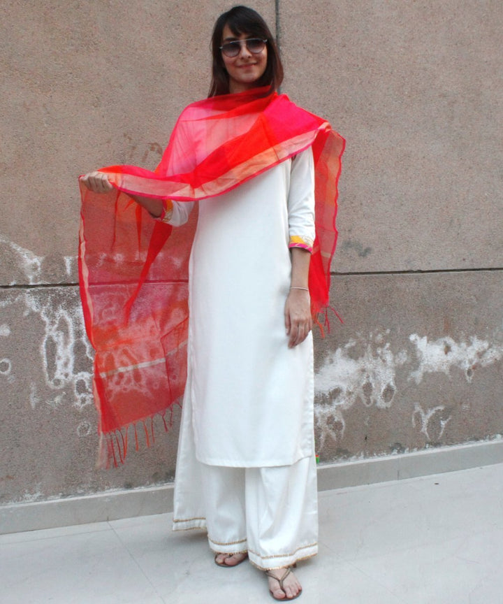 anokherang Combos Off White Kurti with Kalidaar Palazzos and Pink Orange Red Checker Dupatta