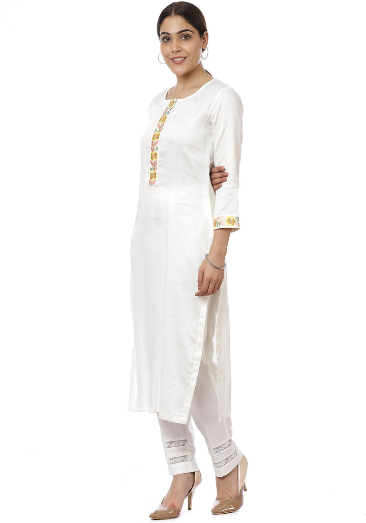 anokherang Combos Off-White Lemon Parsi Embroidered Kurti with Crochet Pants