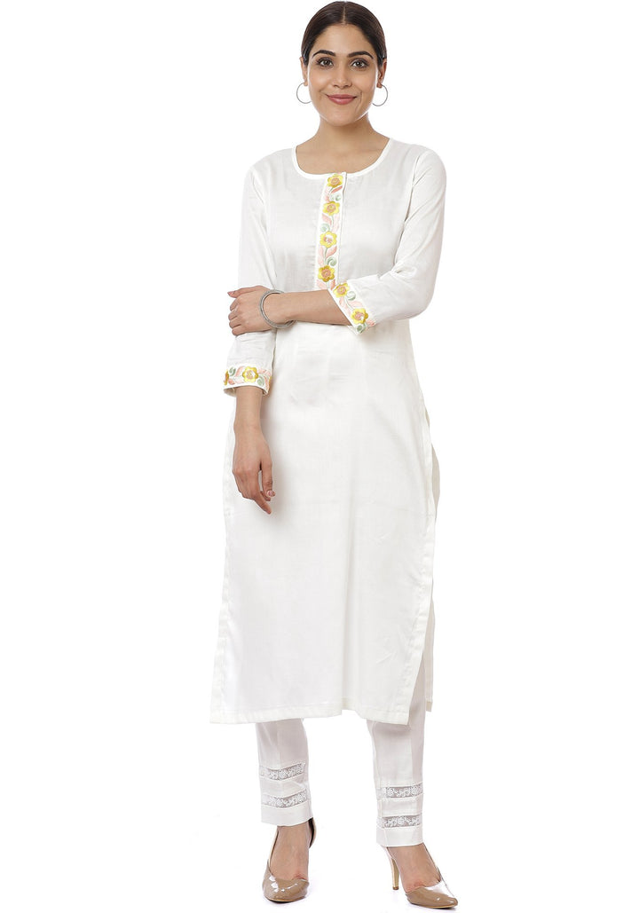 anokherang Combos Off-White Lemon Parsi Embroidered Kurti with Crochet Pants