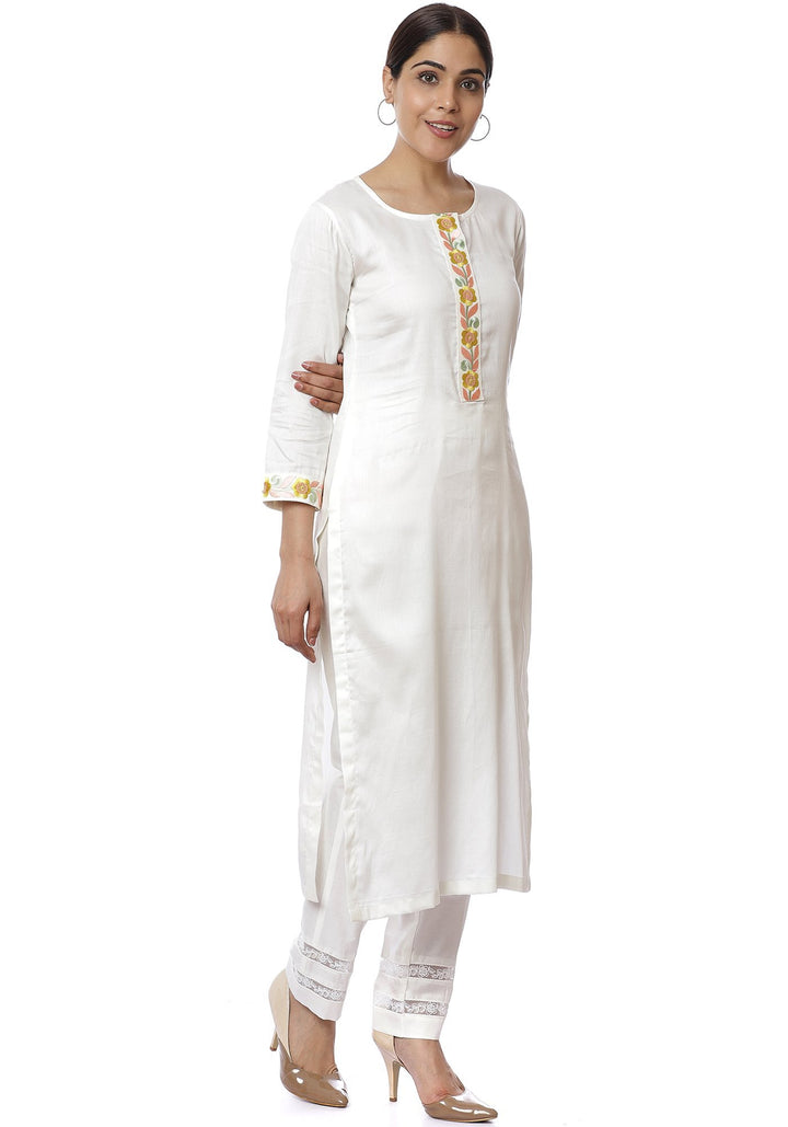 anokherang Combos Off-White Lemon Parsi Embroidered Kurti with Crochet Pants