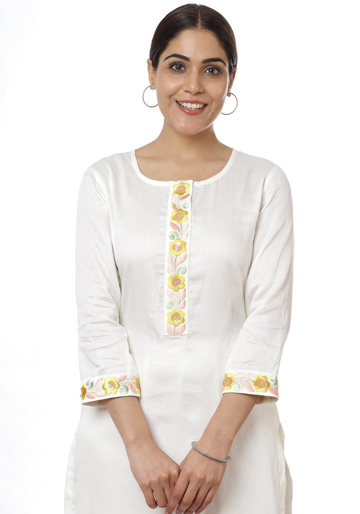 anokherang Combos Off-White Lemon Parsi Embroidered Kurti with Crochet Pants