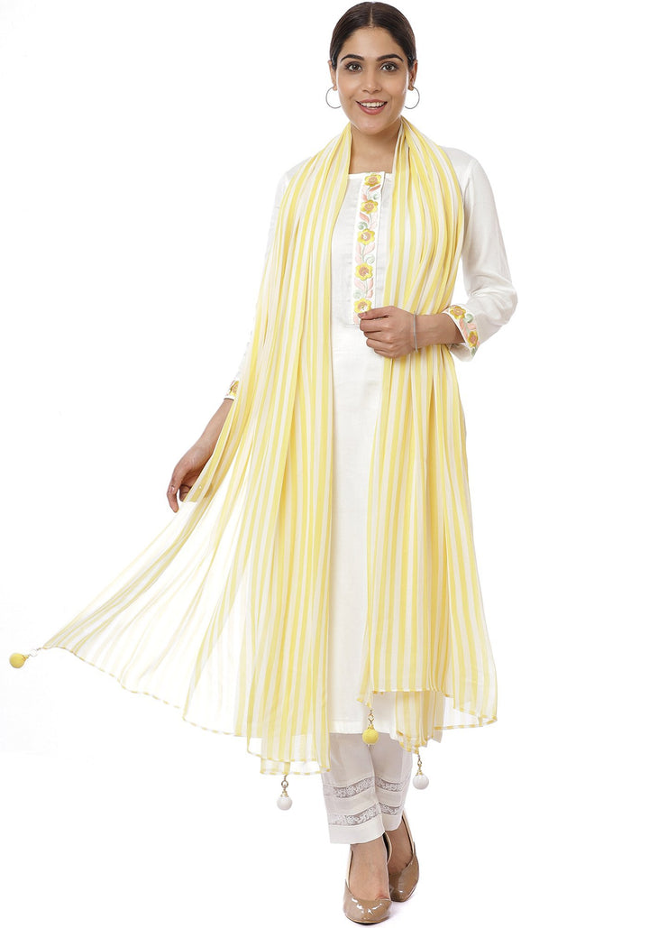 anokherang Combos Off-White Lemon Parsi Embroidered Kurti with Crochet Pants and Lemon White Striped Dupatta