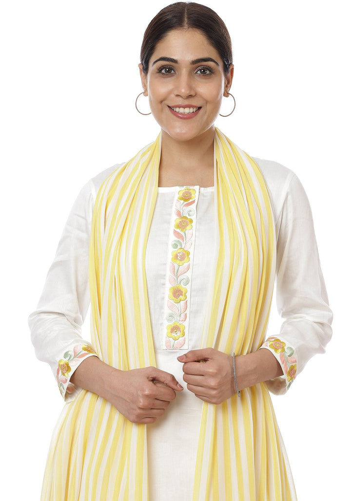 anokherang Combos Off-White Lemon Parsi Embroidered Kurti with Crochet Pants and Lemon White Striped Dupatta