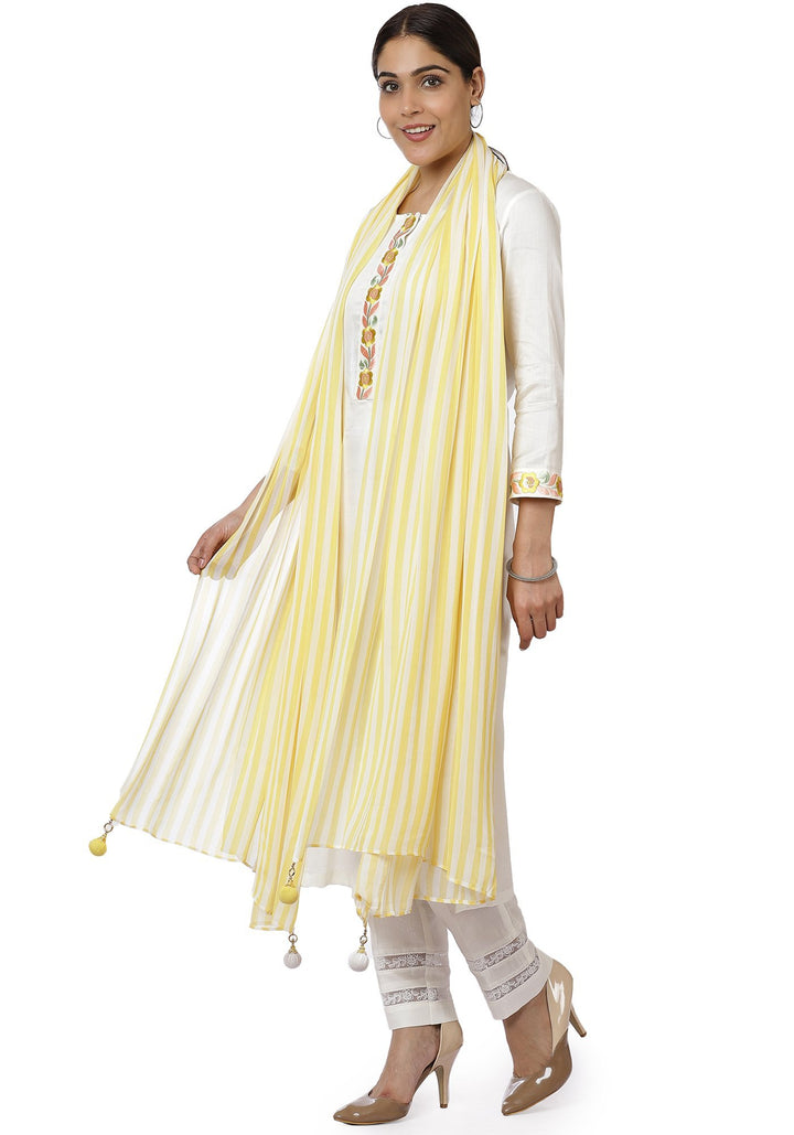 anokherang Combos Off-White Lemon Parsi Embroidered Kurti with Crochet Pants and Lemon White Striped Dupatta
