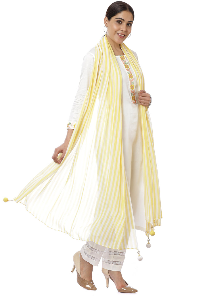 anokherang Combos Off-White Lemon Parsi Embroidered Kurti with Crochet Pants and Lemon White Striped Dupatta