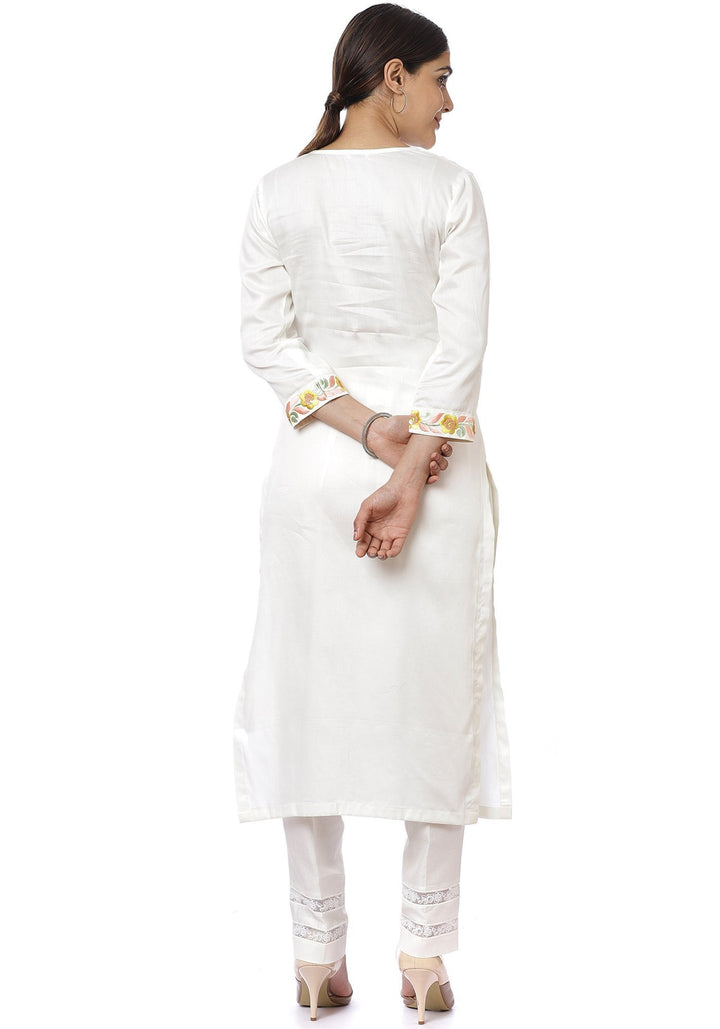 anokherang Combos Off-White Lemon Parsi Embroidered Kurti with Crochet Pants and Lemon White Striped Dupatta