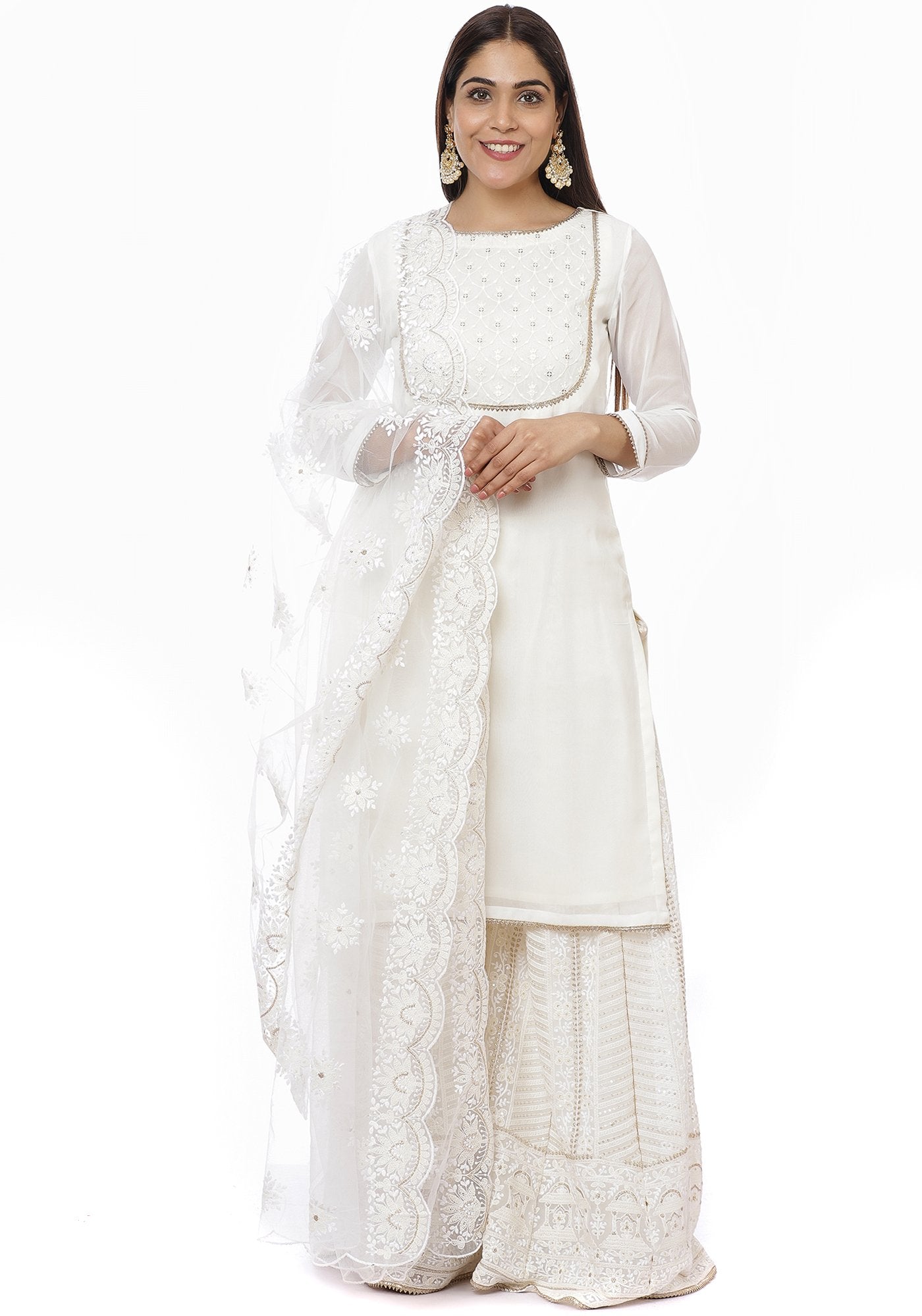 Off-white Straight Kurti With Off-white Gota Gathered Sharara And Off-white  Net Sequenced Dupatta at Rs 5099.00 | Delhi| ID: 26015430030