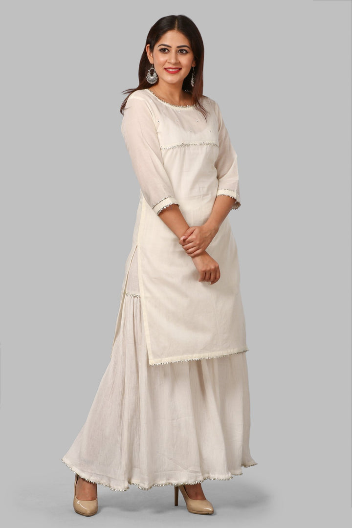 anokherang Combos Off-White Mirror Yoke Kurti with Crushed Sharara
