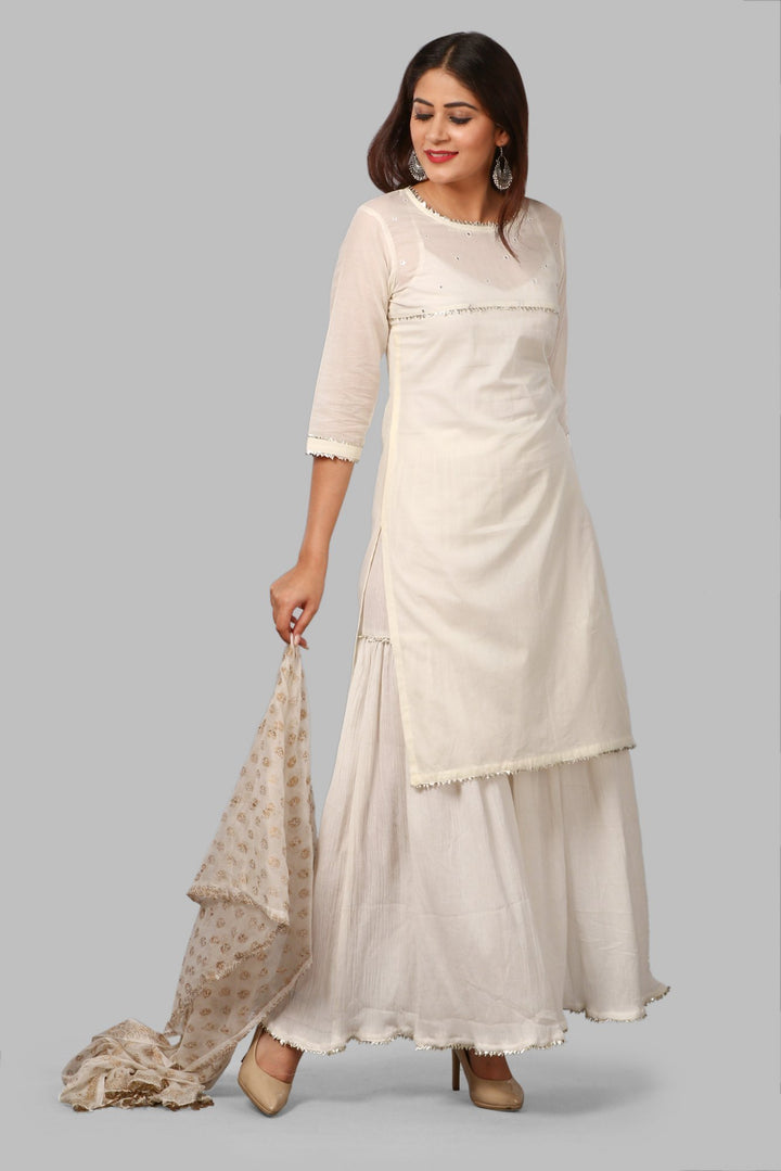 anokherang Combos Off-White Mirror Yoke Kurti with Crushed Sharara and Khadhi Chiffon Dupatta