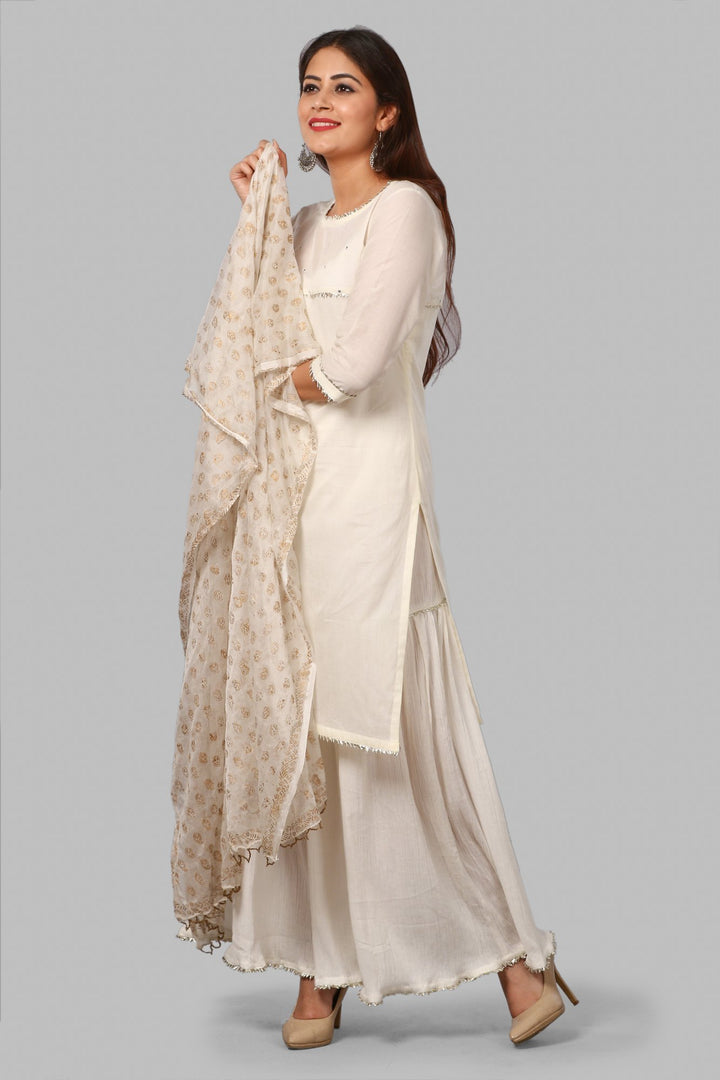 anokherang Combos Off-White Mirror Yoke Kurti with Crushed Sharara and Khadhi Chiffon Dupatta