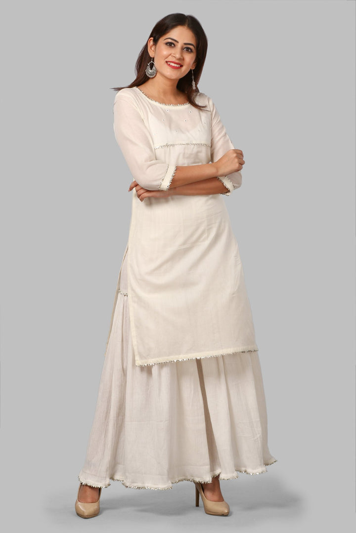 anokherang Combos Off-White Mirror Yoke Kurti with Crushed Sharara and Khadhi Chiffon Dupatta