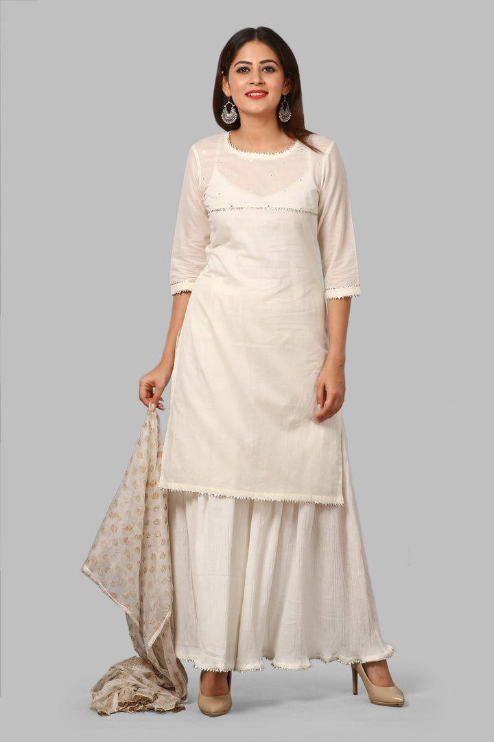 anokherang Combos Off-White Mirror Yoke Kurti with Crushed Sharara and Khadhi Chiffon Dupatta