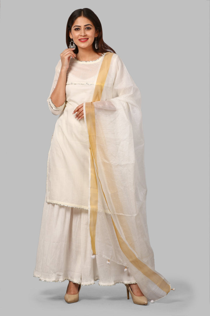 anokherang Combos Off-White Mirror Yoke Kurti with Crushed Sharara and Kota Doriya Dupatta