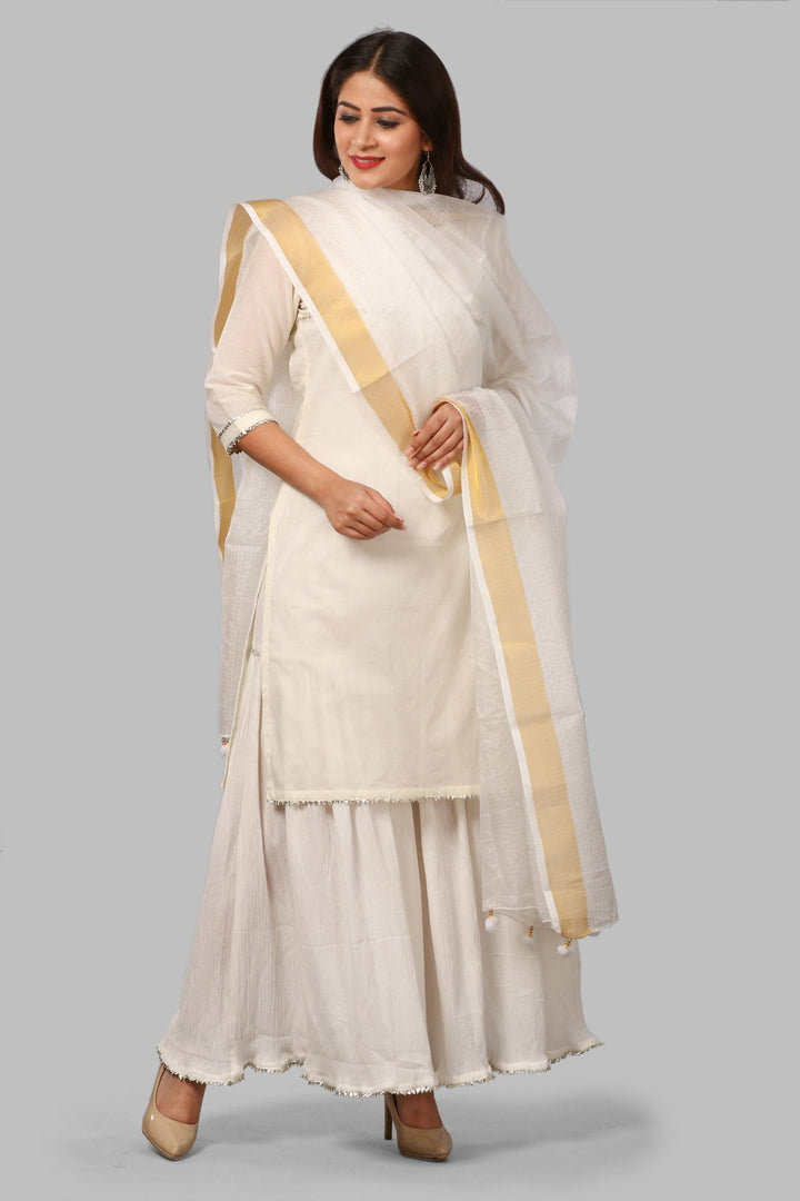 anokherang Combos Off-White Mirror Yoke Kurti with Crushed Sharara and Kota Doriya Dupatta