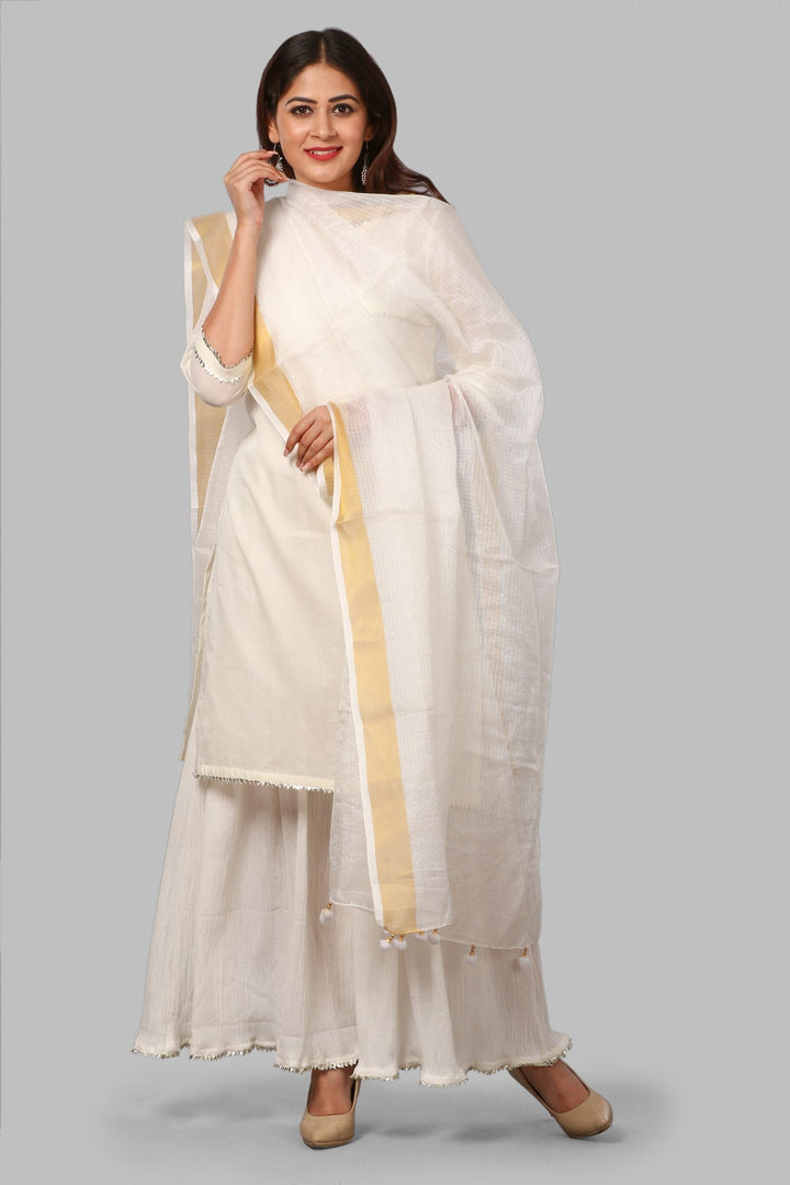 anokherang Combos Off-White Mirror Yoke Kurti with Crushed Sharara and Kota Doriya Dupatta