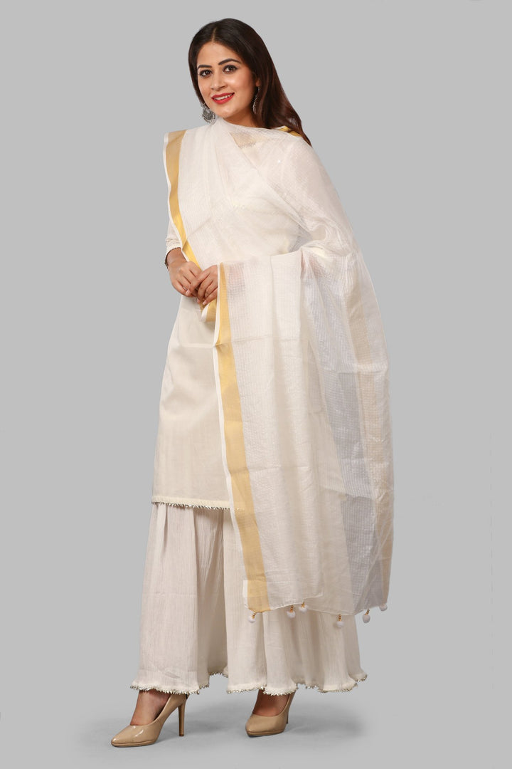 anokherang Combos Off-White Mirror Yoke Kurti with Crushed Sharara and Kota Doriya Dupatta