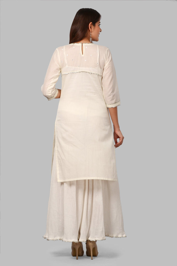 anokherang Combos Off-White Mirror Yoke Kurti with Crushed Sharara and Kota Doriya Dupatta