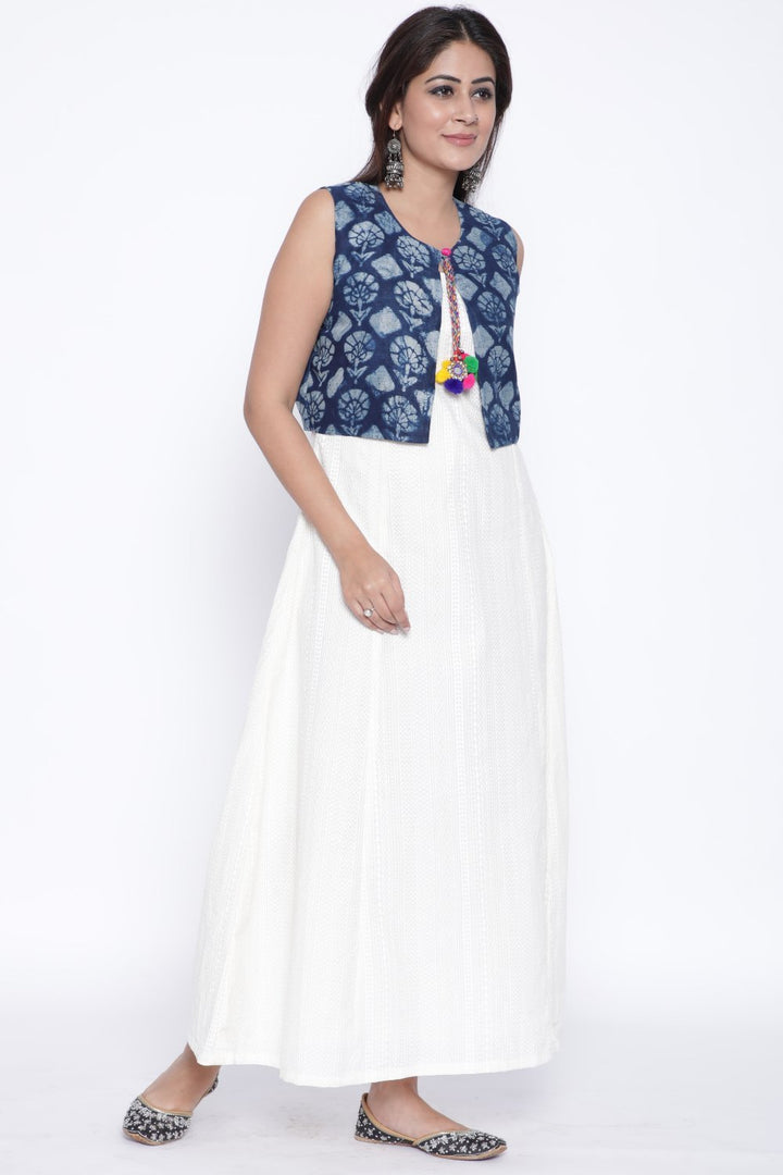 anokherang Combos Off-White Paneled Ankle Length Kurti with Indigo Printed Jacket