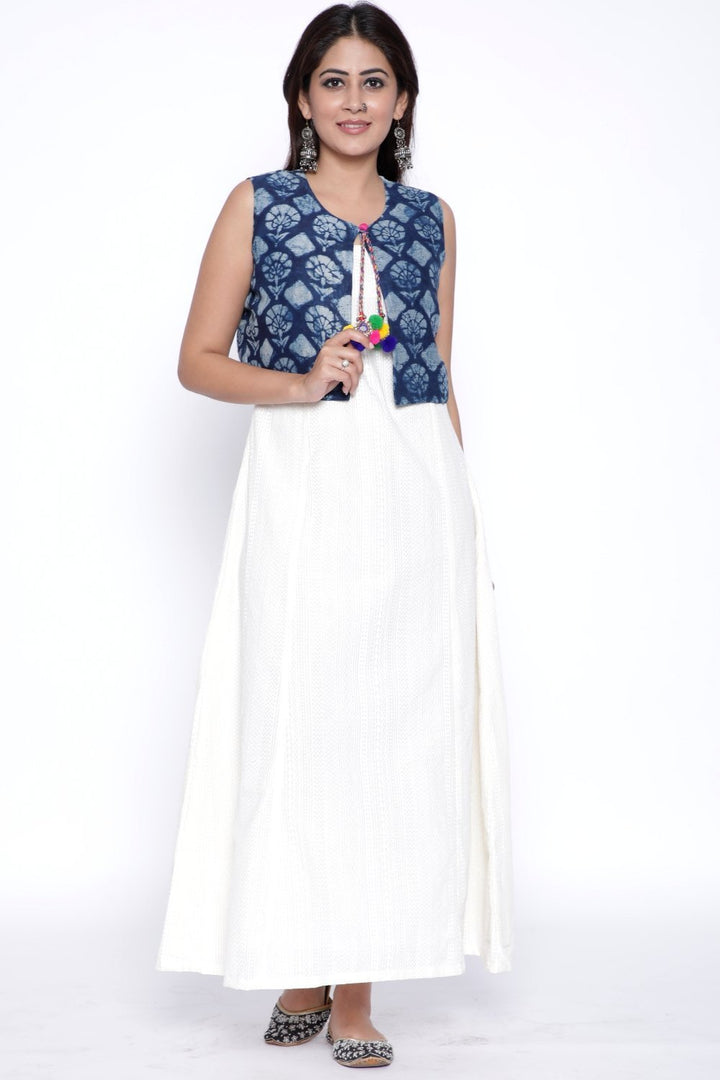 anokherang Combos Off-White Paneled Ankle Length Kurti with Indigo Printed Jacket