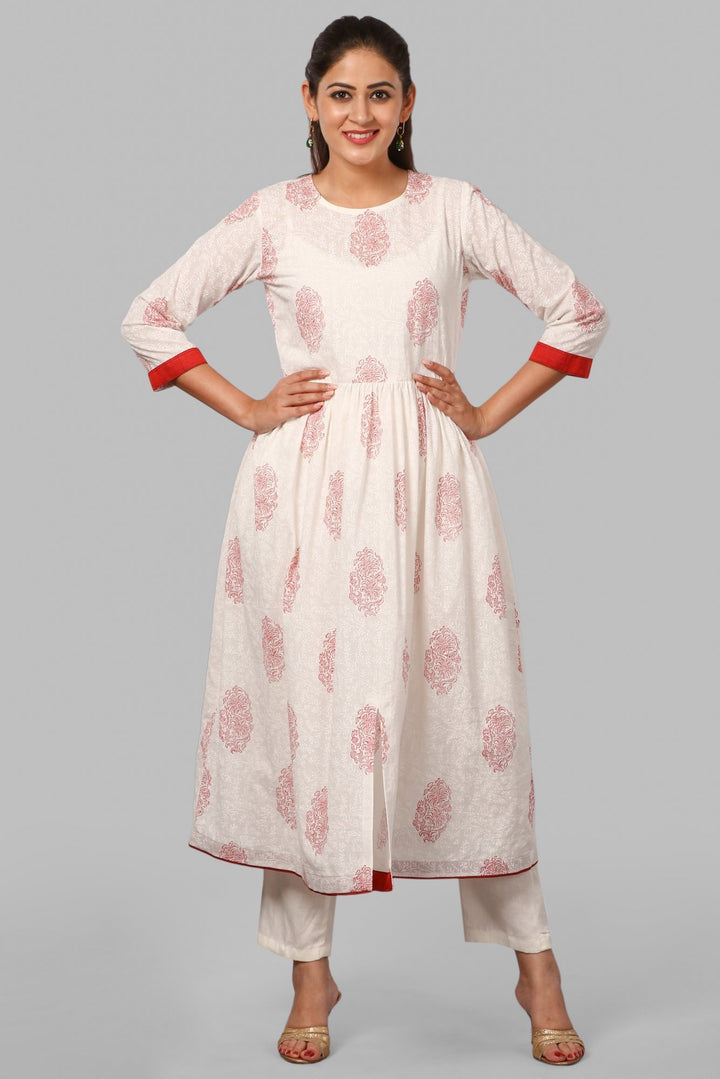 anokherang Combos Off-White Self Red Printed Kurti with Straight Pants