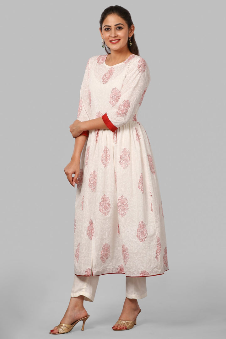 anokherang Combos Off-White Self Red Printed Kurti with Straight Pants