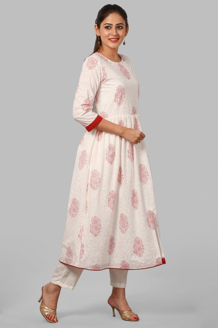 anokherang Combos Off-White Self Red Printed Kurti with Straight Pants