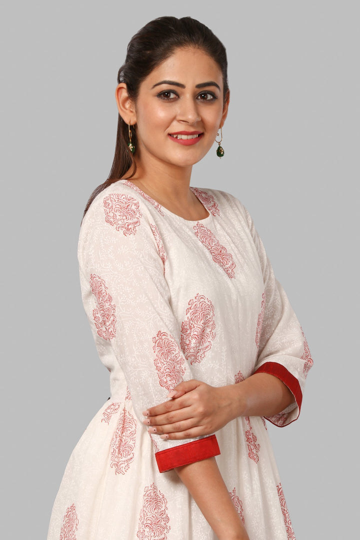 anokherang Combos Off-White Self Red Printed Kurti with Straight Pants