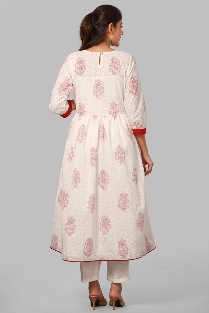 anokherang Combos Off-White Self Red Printed Kurti with Straight Pants