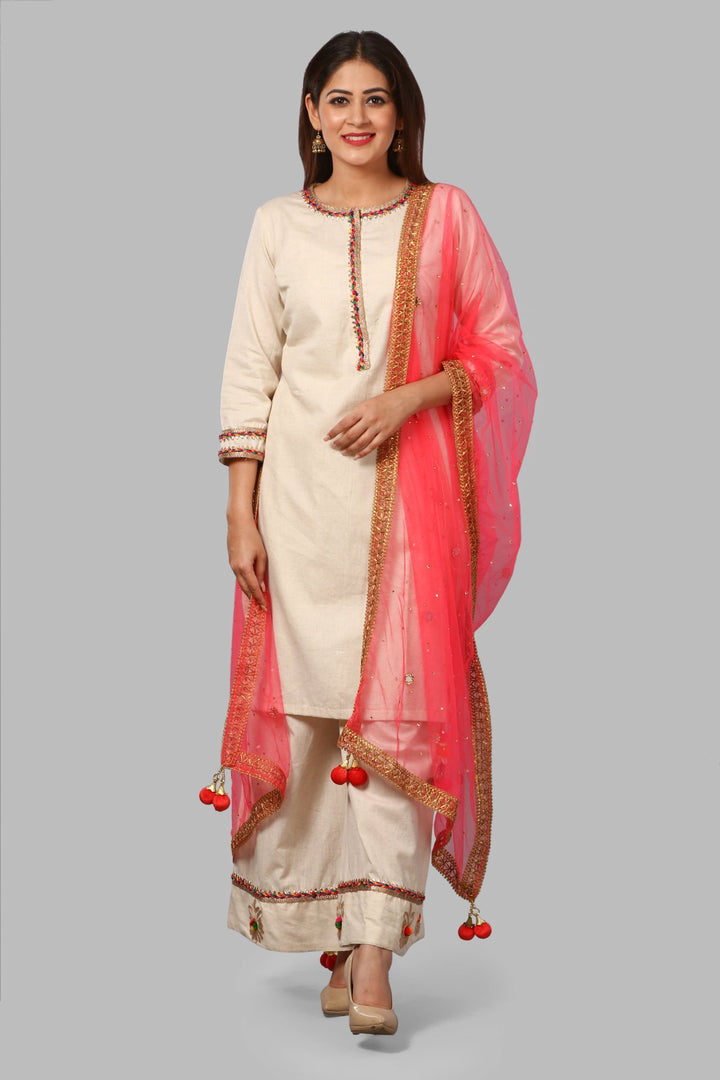 anokherang Combos Off-White Short Gotta Kurti and Floral Gotta & Pom Pom Palazzo with Net Mirror Work Dupatta