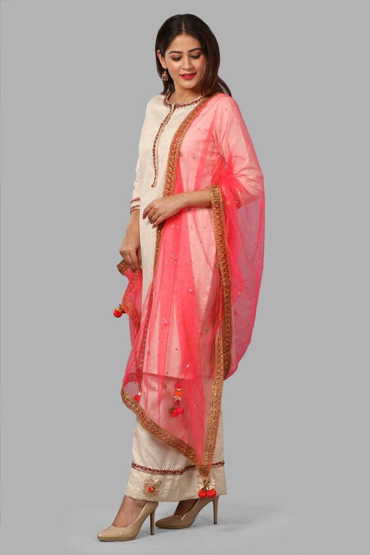 anokherang Combos Off-White Short Gotta Kurti and Floral Gotta & Pom Pom Palazzo with Net Mirror Work Dupatta