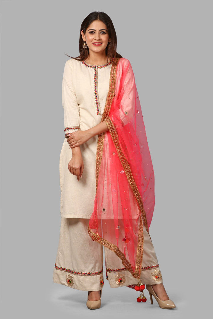 anokherang Combos Off-White Short Gotta Kurti and Floral Gotta & Pom Pom Palazzo with Net Mirror Work Dupatta