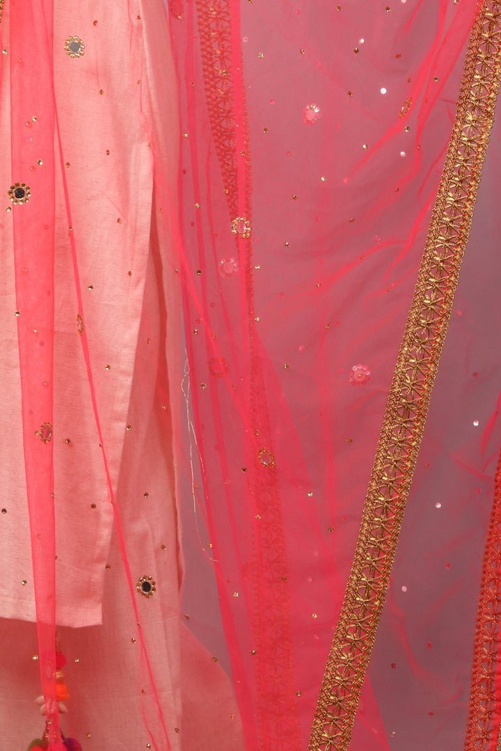 anokherang Combos Off-White Short Gotta Kurti and Floral Gotta & Pom Pom Palazzo with Net Mirror Work Dupatta