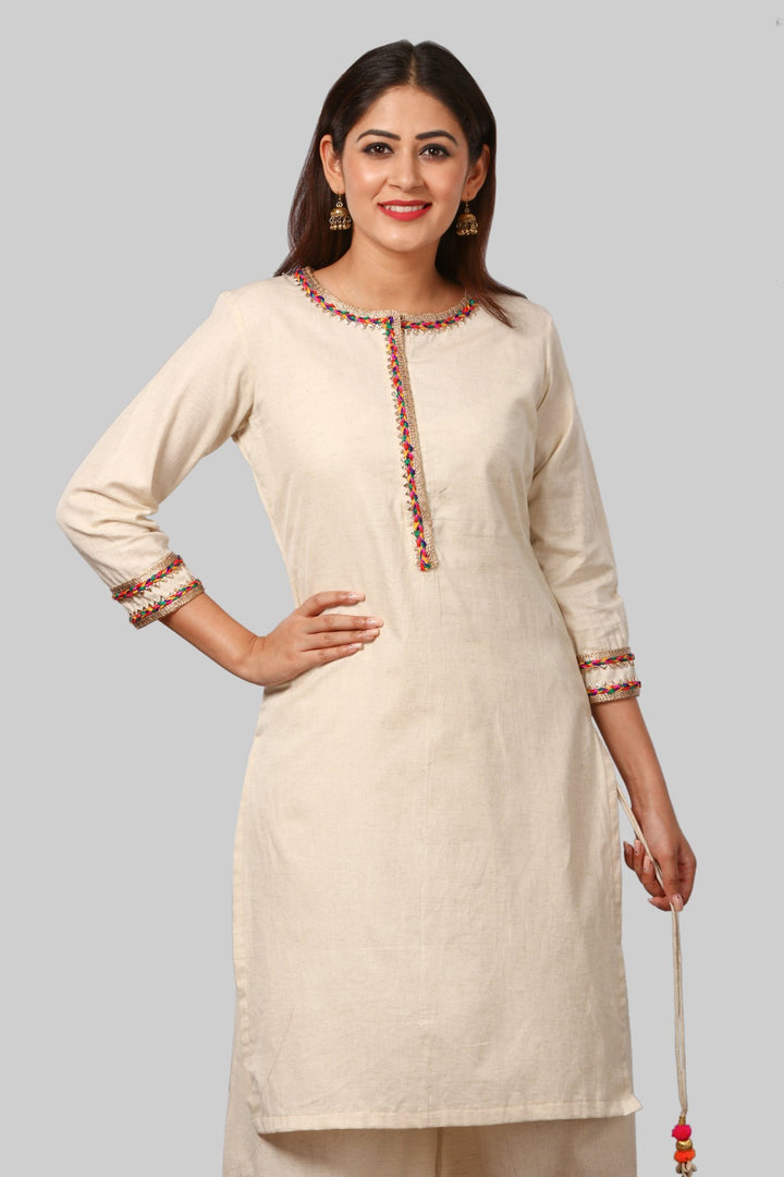 anokherang Combos Off-White Short Gotta Kurti and Floral Gotta & Pom Pom Palazzo with Net Mirror Work Dupatta