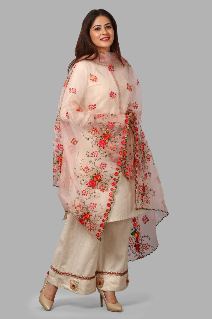 anokherang Combos Off-White Short Gotta Kurti and Floral Gotta & Pom Pom Palazzo with Organza Embroidered Dupatta